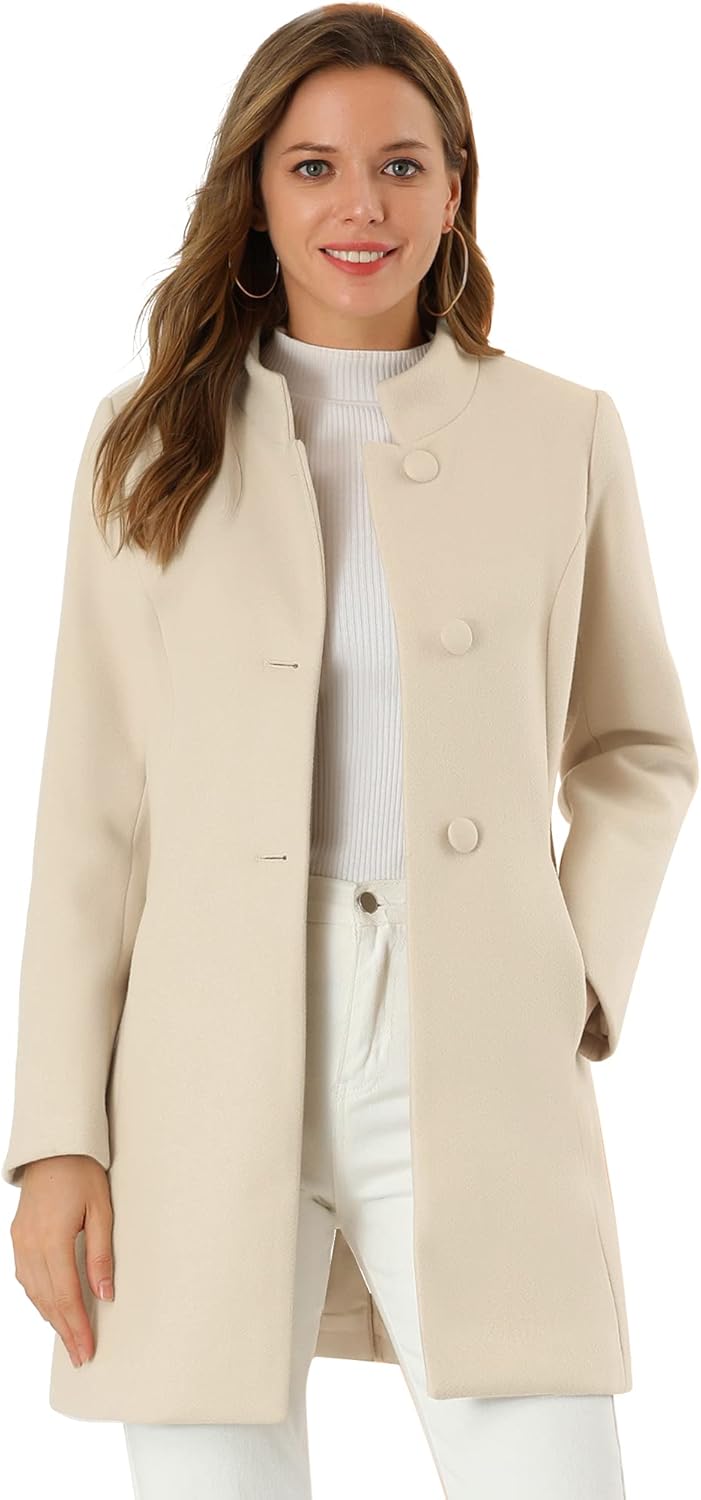 Allegra K Women's Winter Overcoat Mid-Long Stand Collar Single Breasted Coat Outerwear