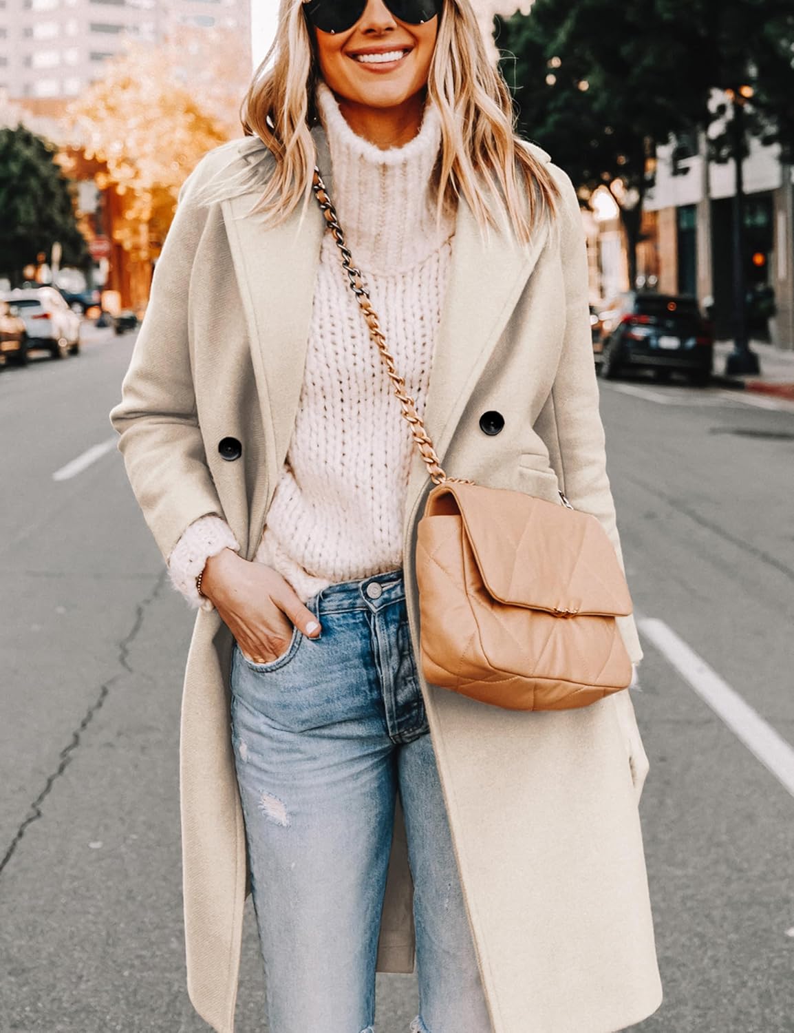 Hooever Women's Winter Wool Coat Casual Notch Lapel Single-Breasted Peacoat - Image 4